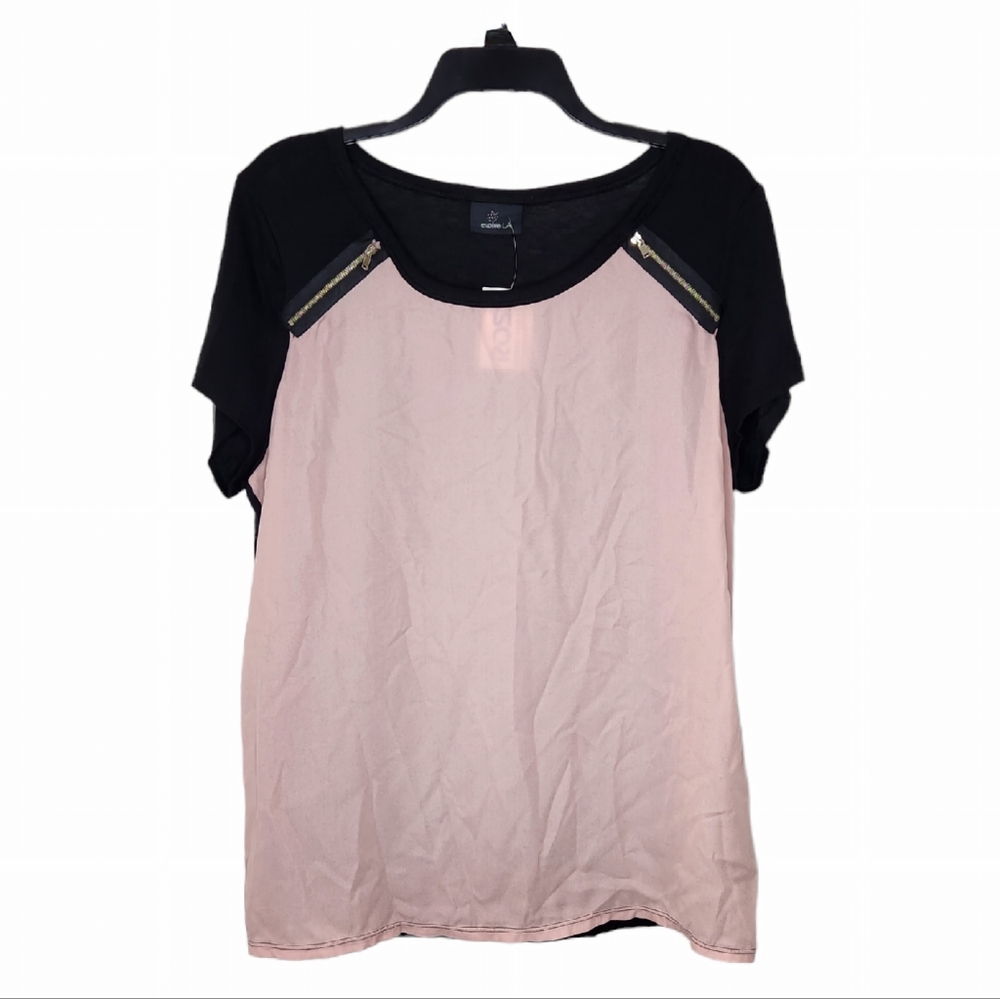 Evolve LA Sheer Top Womens Medium Pink Black Work Office Casual Knit Size Large